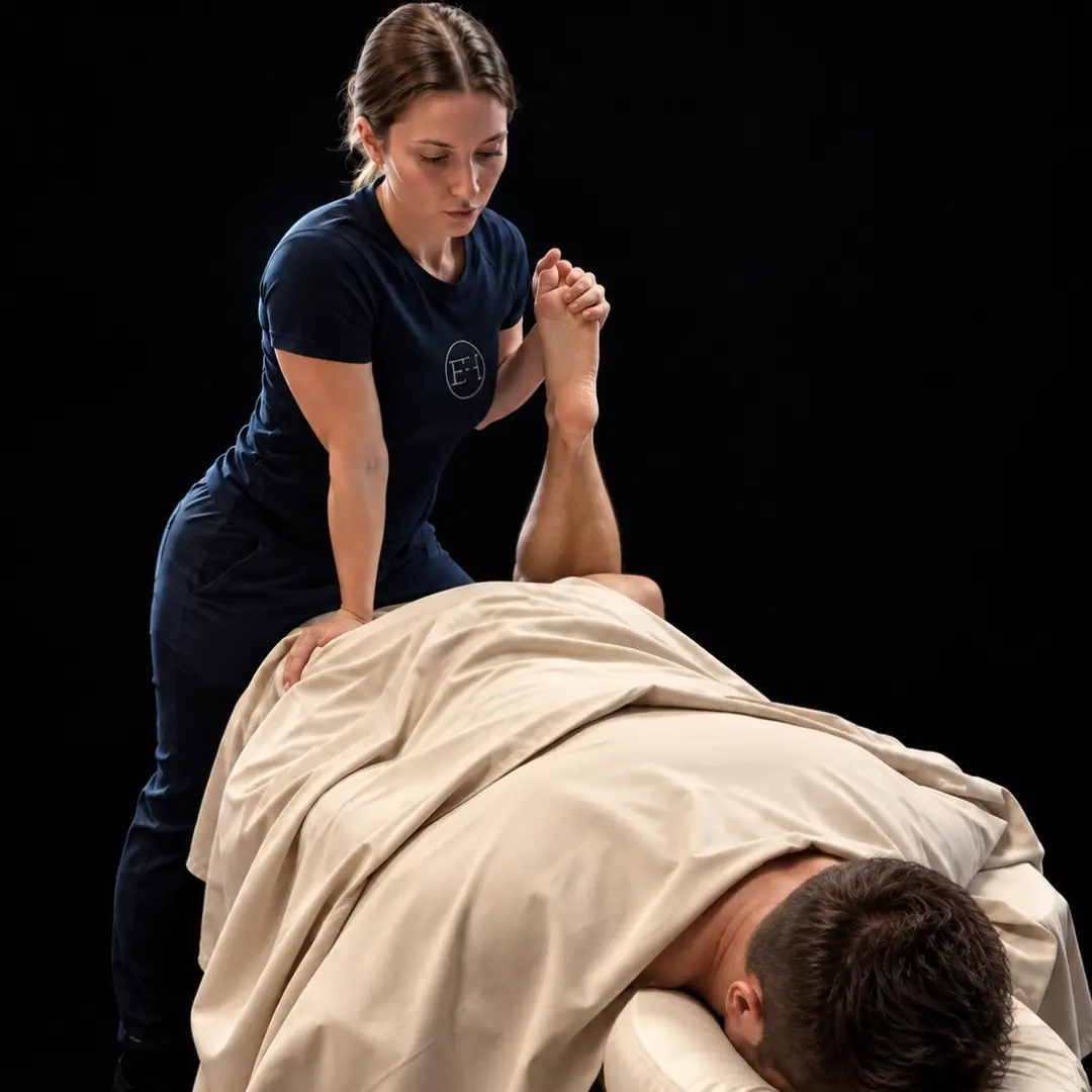 Elite Healers Sports Massage therapist in NYC using elbow to treat client