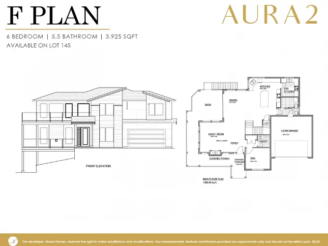 AURA 2 D Plan Front Elevation and Main Floor Custom Home by Noura Homes