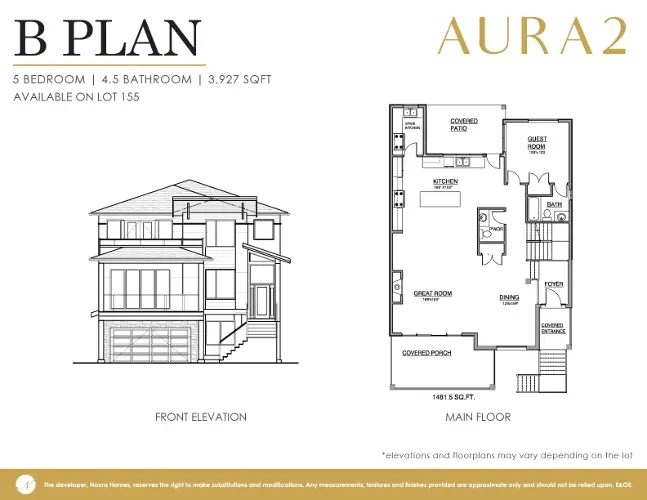 AURA 2 Custom Home Front Elevation and Main Floor Plan Designed by Noura Homes