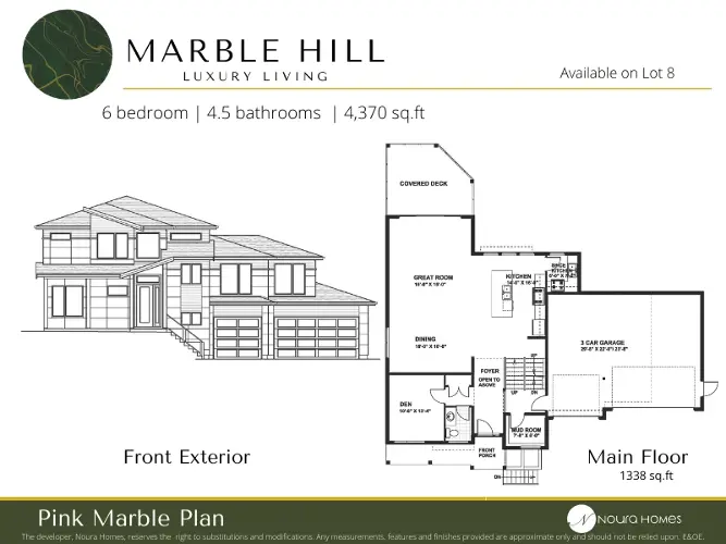 Front Exterior and Main Floor Plan of Marble Hill's Custom Home by Noura Homes
