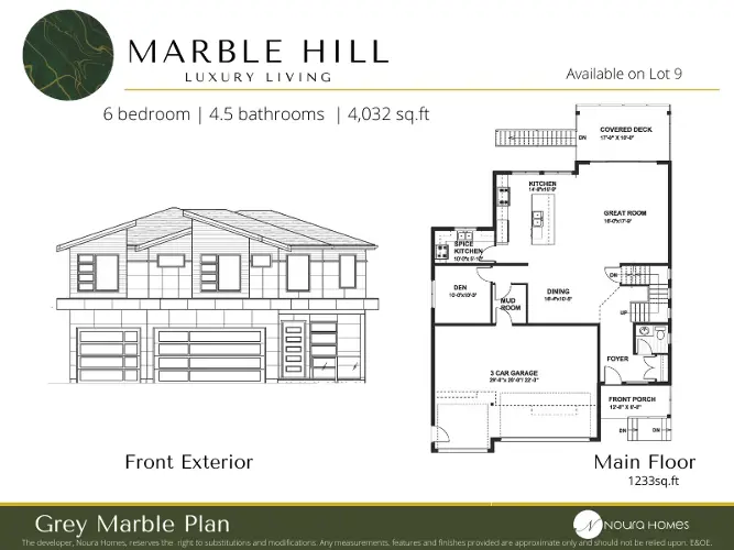 Discover the Unique Front Exterior and Main Floor Plan of Marble Hill - a Noura Homes Masterpiece