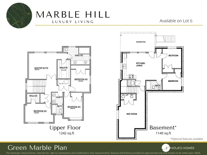 Discover Marble Hill's contemporary living through the upper floor and basement plan of a custom home by Noura Homes