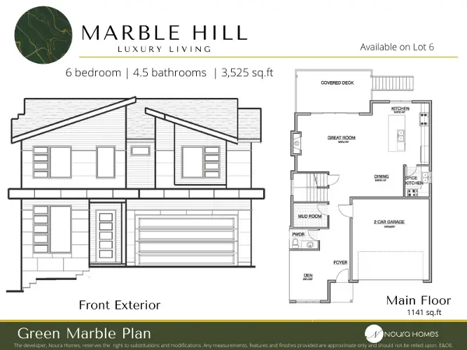 Experience Luxury Living at Marble Hill - 6 Bedroom Custom Home with Front Exterior and Main Floor Plan by Noura Homes