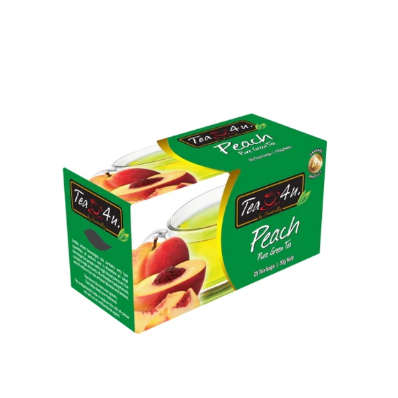 Tea4U Flavored Green Tea, Peach, 25 Teabags in individual foil envelopes