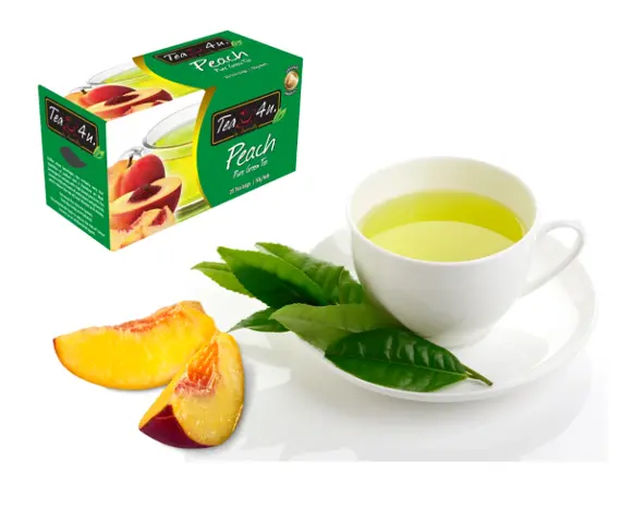 Tea4U Flavored Green Tea, Peach, 25 Teabags in individual foil envelopes.