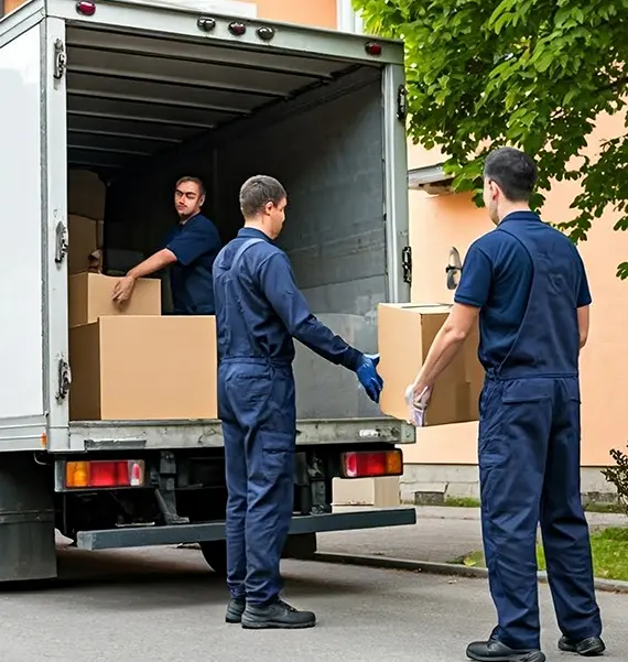 Pick up and storage service team loading boxes into moving truck