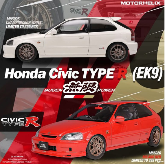 MOTORHELIX 1/18 Honda Civic TYPE R (EK9) Diecast Model - Mugen MILANO RED