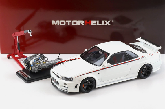 MOTORHELIX 1/18 NISSAN GTR R34 NISMO CRS - WHITE - FULLY OPEN WITH ENGINE & STAND