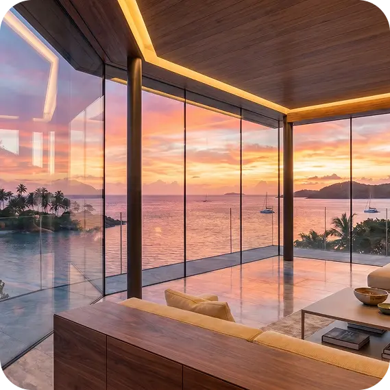 Interior living space illuminated by natural light through a sleek aluminum window system overlooking landscaped gardens.