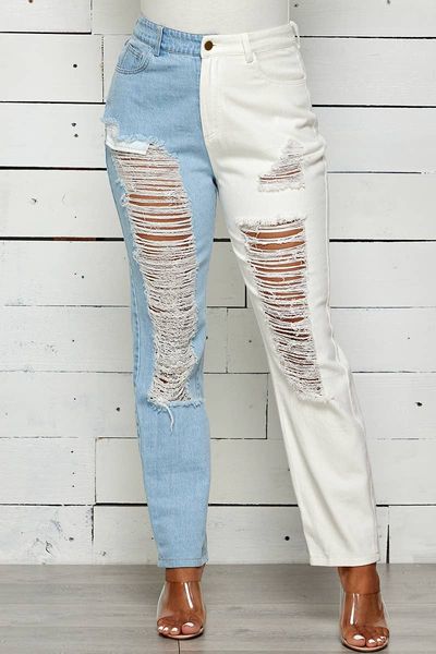Color Block Distressed Denim Jeans