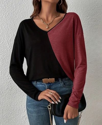 Color Block V Neck Long Sleeve Tee