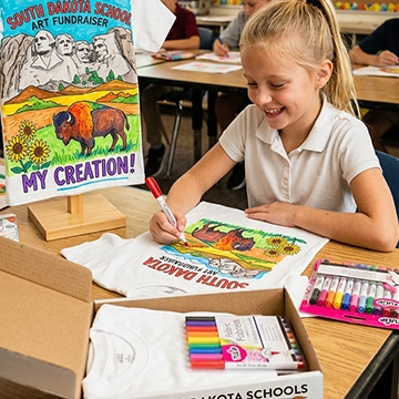 elementary school art fundraiser students creating custom shirts