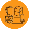 Dice, sleeves, deck boxes, and play supplies