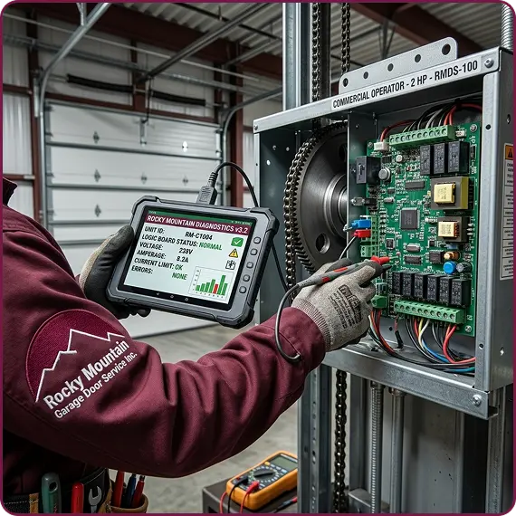 Garage door technician inspecting commercial door hardware