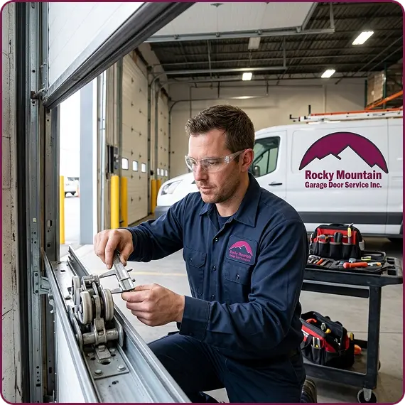Technician repairing commercial overhead garage door