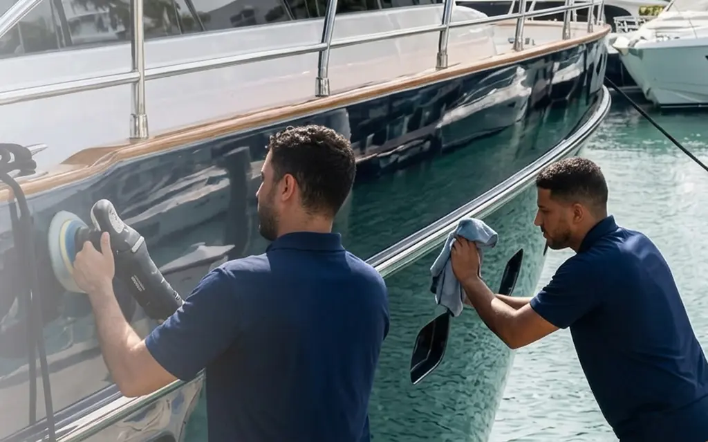 Luxury yacht detailing service at a South Florida marina