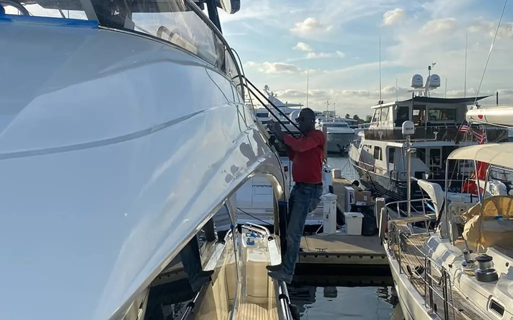 Water beading on ceramic-coated boat surface