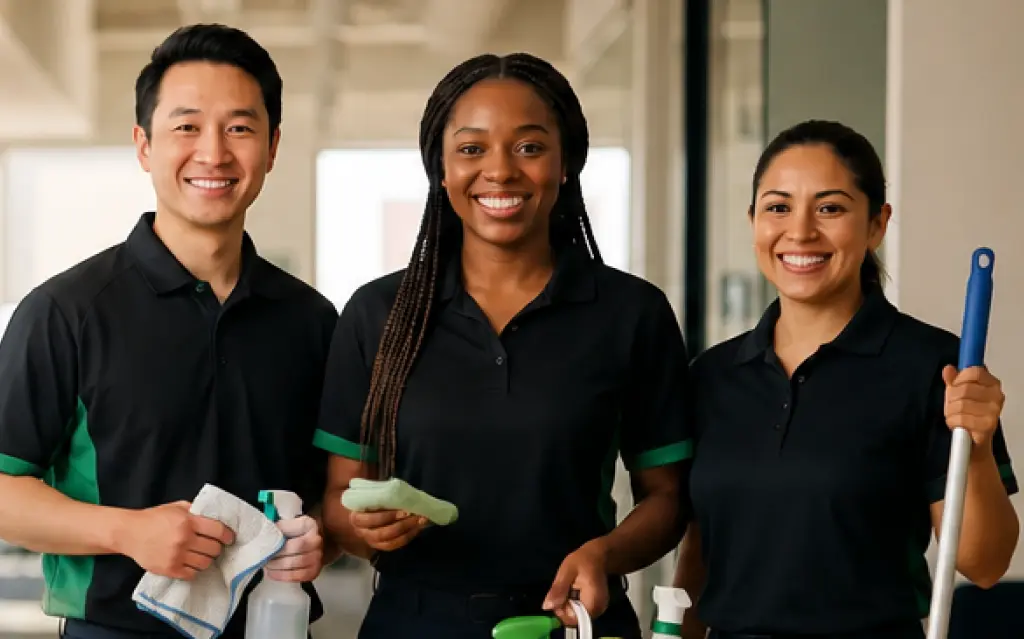 A team of cleaners in Edmonton reviewing a facility maintenance checklist together.