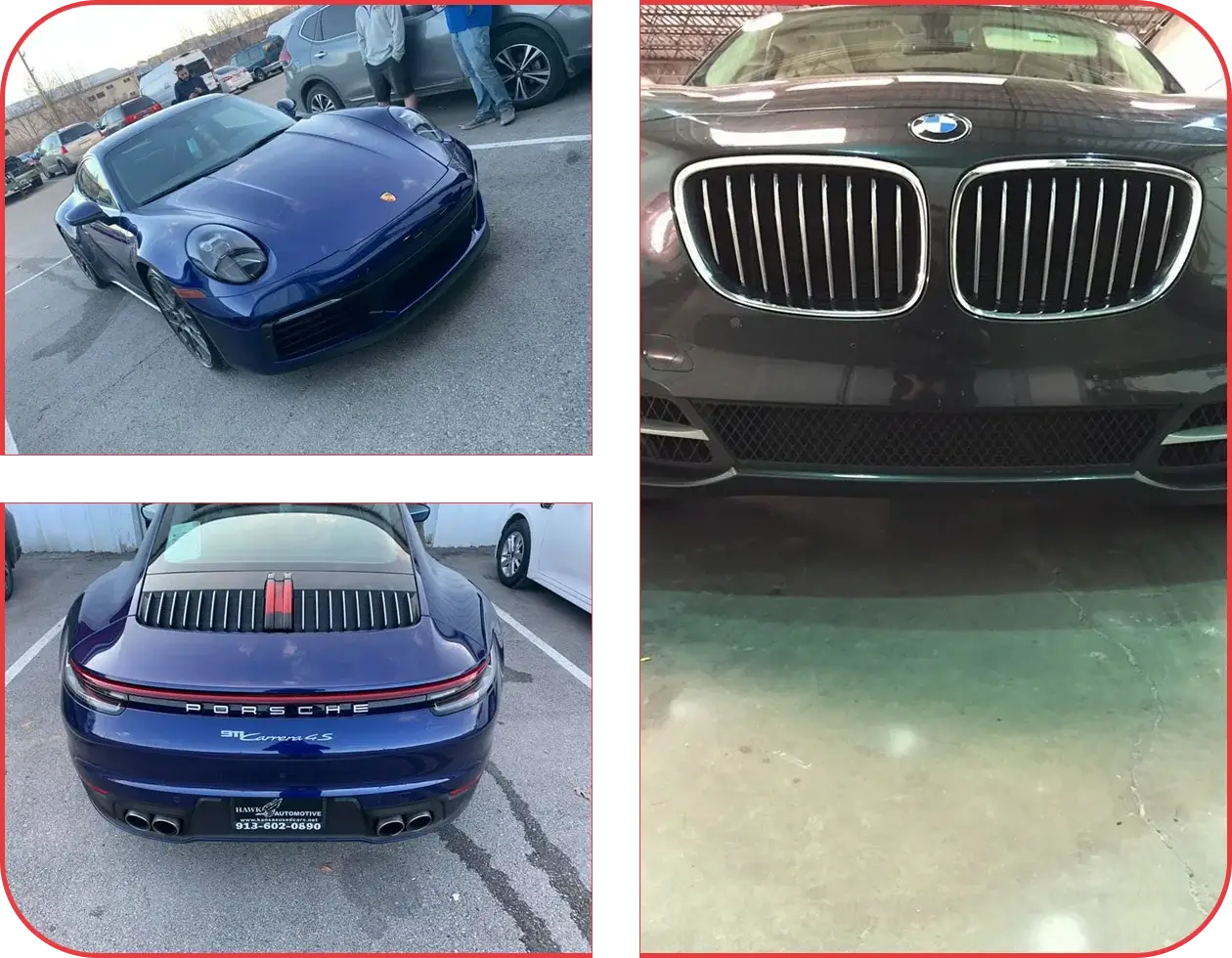Porsche 911, BMW vehicles showcased by an Auto Body Shop in Merriam, highlighting exterior bodywork and front-end detailing.