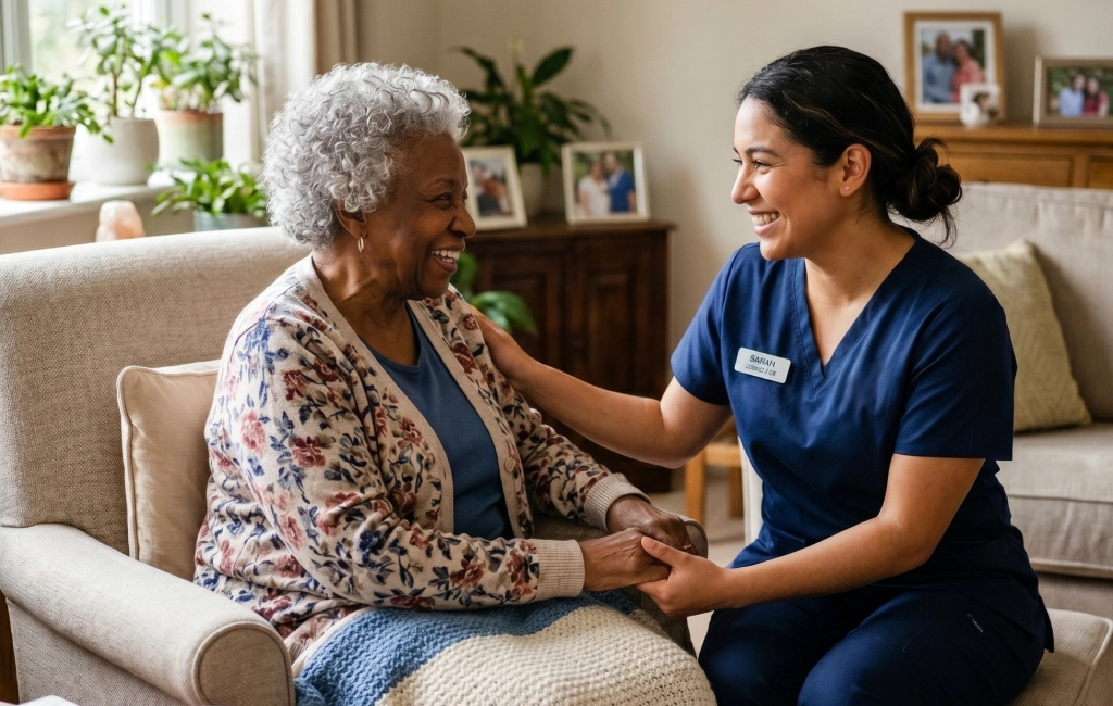 Senior discussing personalized care options with caregiver