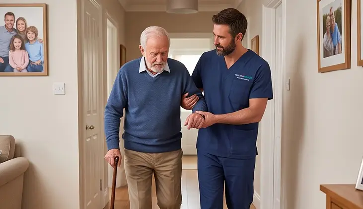 Smiling caregiver offering non-medical home care services at home.