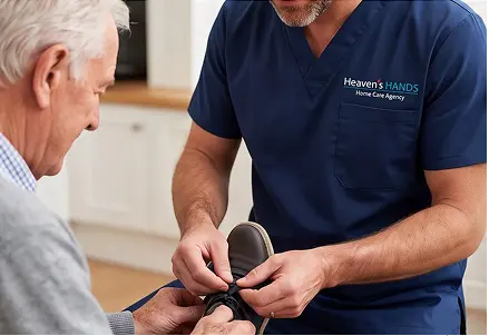 Companion helping an older adult during daily routines in California.