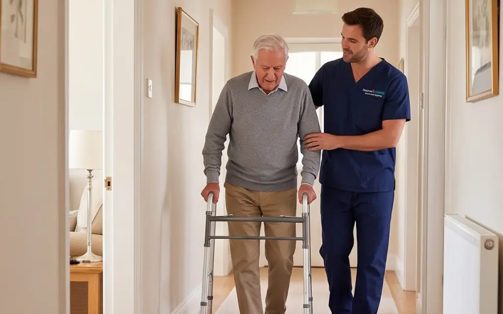 Caregiver providing Personal Care Services California with compassionate one-on-one support for an older adult.