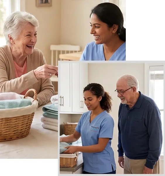 Caregiver providing Light Housekeeping Services California while helping an older adult maintain a clean home.