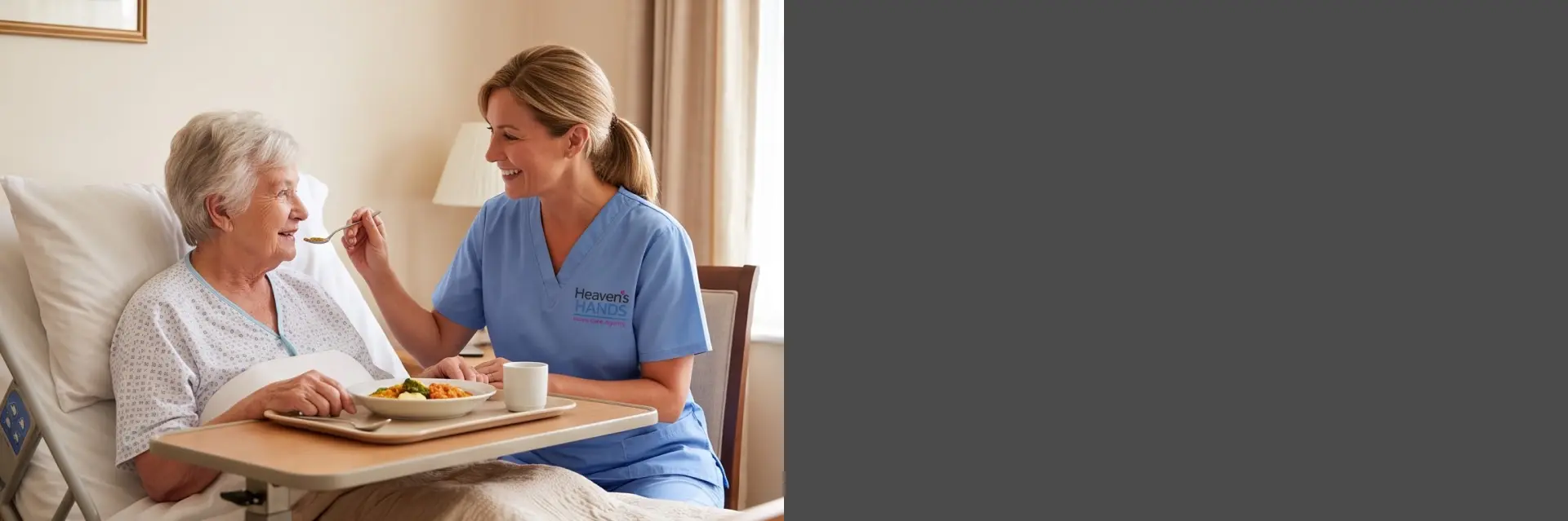 Caregiver providing compassionate Bedside Comfort California support to an older adult in a peaceful home setting.