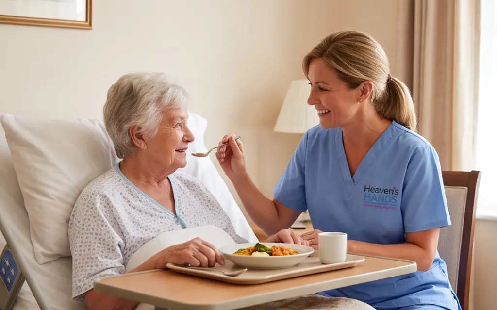 Caregiver providing compassionate Bedside Comfort California support to an older adult in a peaceful home setting.