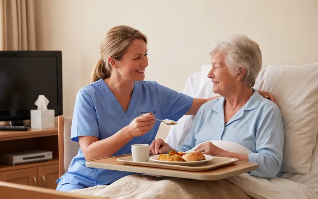 Caregiver assisting a senior during a professional home visit.