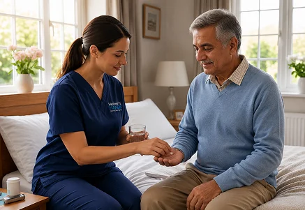 Caregiver assisting with mobility support inside a California home.