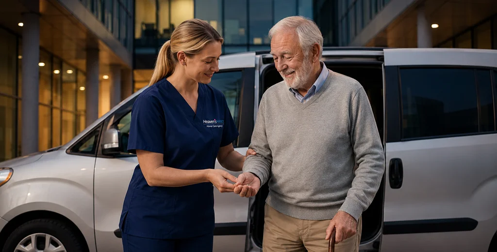 Caregiver providing Senior Transportation Services California while assisting an older adult to a medical appointment.