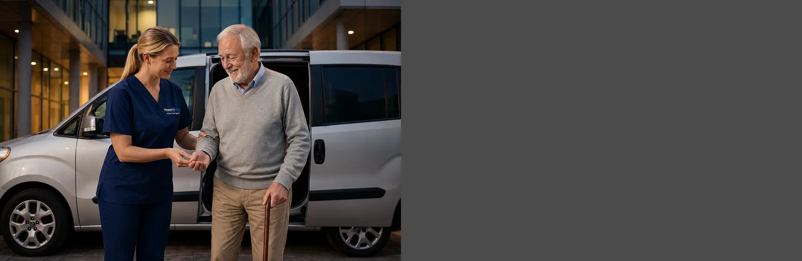 Caregiver providing Senior Transportation Services California while assisting an older adult to a medical appointment.