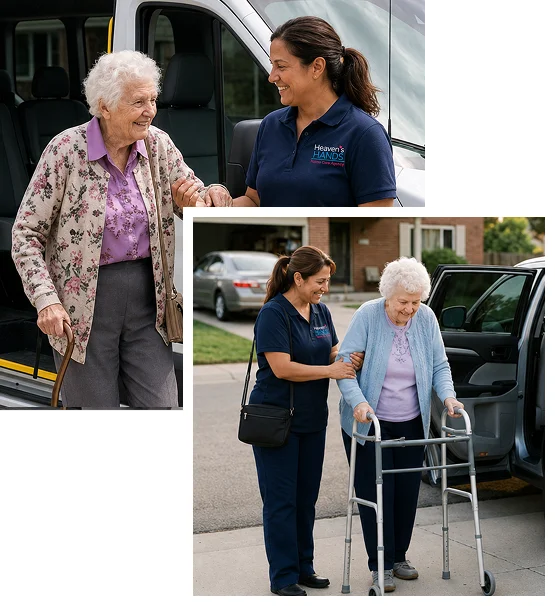 Older adult receiving safe and reliable Senior Transportation Services California with a compassionate caregiver.