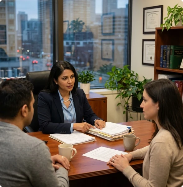 A criminal defense lawyer in Toronto reviews evidence with a client.