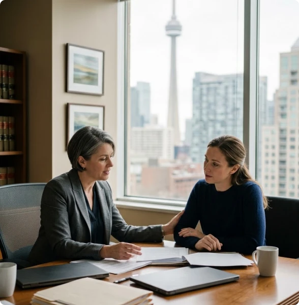 A criminal defense lawyer in Toronto reviews evidence with a client.