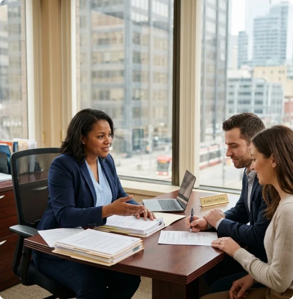 A criminal defense lawyer in Toronto reviews evidence with a client.