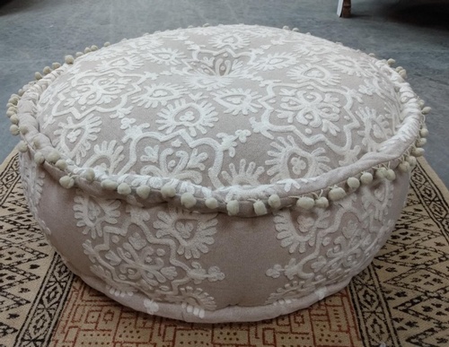 Floor or Meditation Cushion- Off White with White Embroidery -24dia x 8h