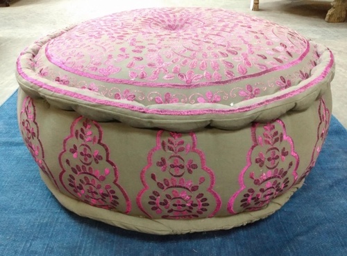 Floor or Meditation Cushion-Grey with Pink Pink/Purple Embroidery -24dia x 8h