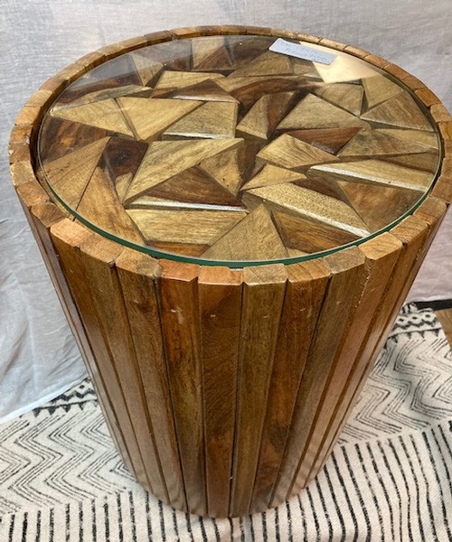 End Table-Triangular Carving-Glass Top-14 diameter by 22h